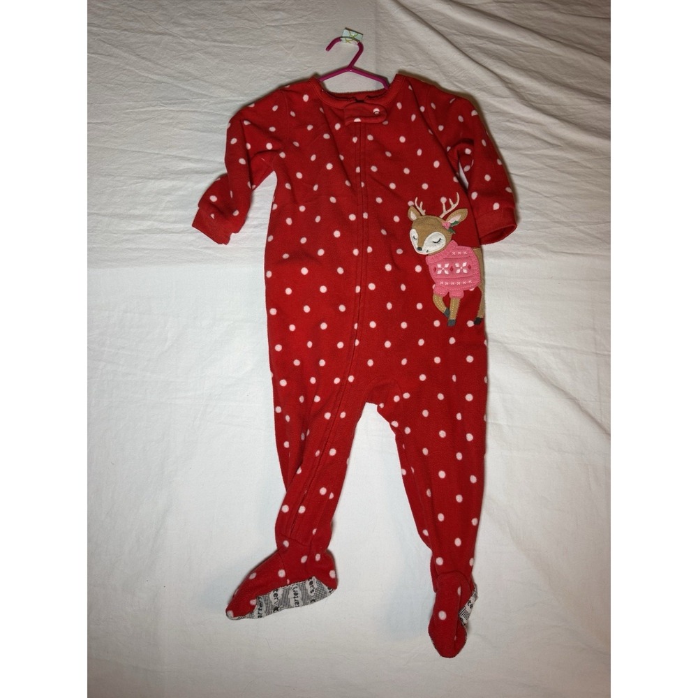 12 Month Red Polka Dot Fleece Reindeer Pajamas for Girls